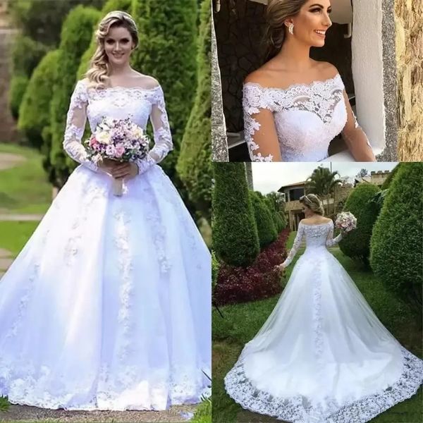 arabic bateau ball gown long sleeves wedding dresses applique floor length formal bridal gowns chapel garden country plus size, White
arabic bateau ball gown long sleeves wedding dresses applique floor length formal bridal gowns chapel garden country plus size, White