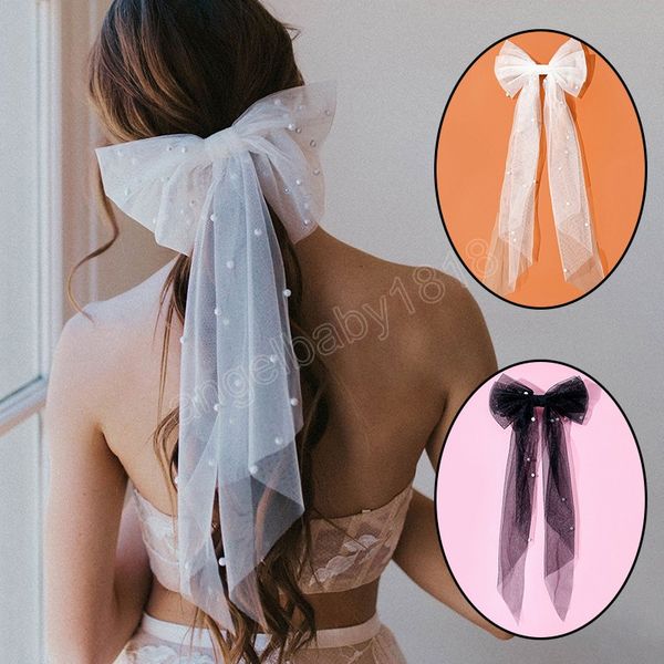 new women long ribbon mesh bow hair clip elegant imitation pearls white black ponytail hairpin wedding party hair accessory gift, Slivery;white
new women long ribbon mesh bow hair clip elegant imitation pearls white black ponytail hairpin wedding party hair accessory gift, Slivery;white