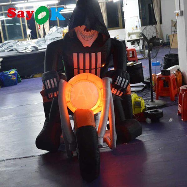 Image of 4.92 foot inflatable Ghost Death Skull Face Skeleton Rider Motorcycle Scene Courtyard Decoration