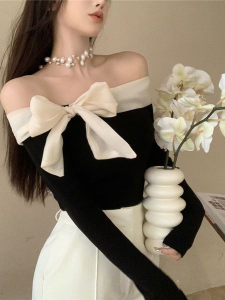 women's sweaters off shoulder sweater women y2k clothes ladies french style elegant slim stretch pullovers spring autumn bow slash neck, White;black
women's sweaters off shoulder sweater women y2k clothes ladies french style elegant slim stretch pullovers spring autumn bow slash neck, White;black