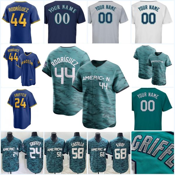 2023 all-star game seattle julio rodriguez baseball jersey ken griffey jr ichiro suzuki luis castillo george kirby eugenio suarez robbie ray, Blue;black 
2023 all-star game seattle julio rodriguez baseball jersey ken griffey jr ichiro suzuki luis castillo george kirby eugenio suarez robbie ray, Blue;black