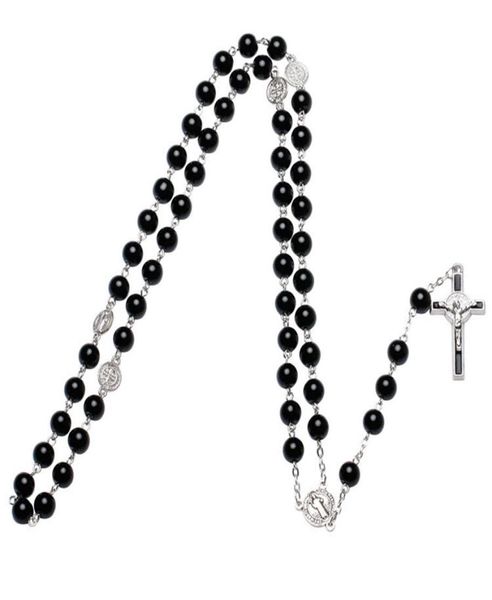 black glass pearl catholic rosary necklace metal long necklace4623085, Silver 
black glass pearl catholic rosary necklace metal long necklace4623085, Silver