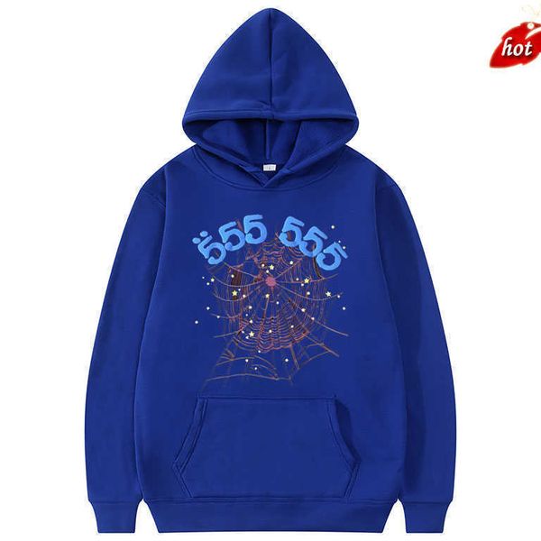fashion creativity sp5der 555 angel number hoodie men women spider web pattern sweatshirt loose clothingjktt, Black