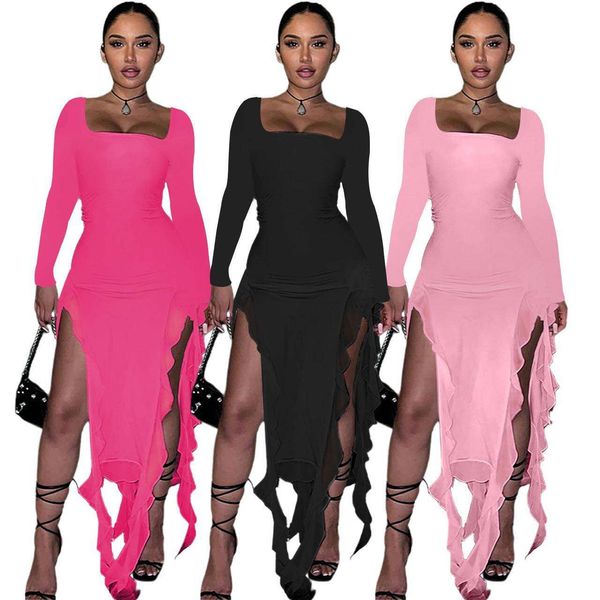 womens elegant square collar long sleeves net splicing flare slit dress, Black;gray
womens elegant square collar long sleeves net splicing flare slit dress, Black;gray