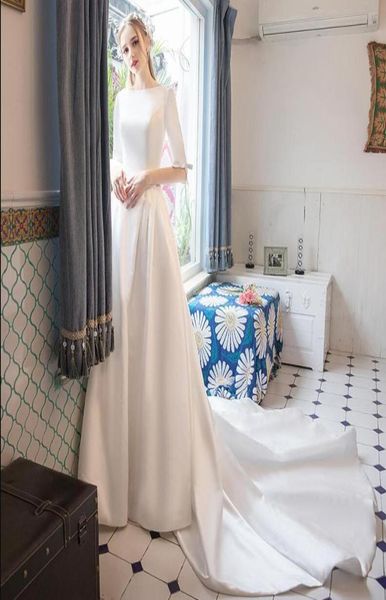 2019 new simple aline satin modest wedding dresses with sleeves boat neck vintage lds bridal gowns custom made2835844, White
2019 new simple aline satin modest wedding dresses with sleeves boat neck vintage lds bridal gowns custom made2835844, White