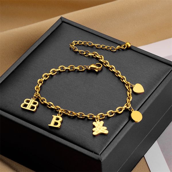 classic design letter bb bear charm bracelet gold plated stainless steel jewelry for women gift, Golden;silver
classic design letter bb bear charm bracelet gold plated stainless steel jewelry for women gift, Golden;silver