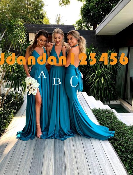 teal blue v neck long bridesmaid dress 2020 backless two piece sweep train wedding guest dresses simple split prom gowns maid of h1154868, White;pink 
teal blue v neck long bridesmaid dress 2020 backless two piece sweep train wedding guest dresses simple split prom gowns maid of h1154868, White;pink