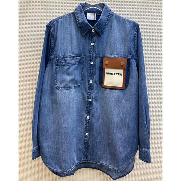 8.5 vintage leather pocket letter print decoration denim blouses casual loose women's shirts, White
8.5 vintage leather pocket letter print decoration denim blouses casual loose women's shirts, White