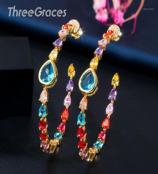 hoop huggie threegraces luxury designer colorful cz crystal water drop large circle round loop earrings for women pendientes muj7741294, Golden;silver
hoop huggie threegraces luxury designer colorful cz crystal water drop large circle round loop earrings for women pendientes muj7741294, Golden;silver
