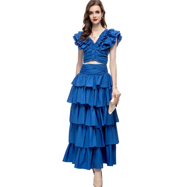 women's runway designer two piece dress v neck blouse with tiered ruffles skirt fashion twinset sets, White
women's runway designer two piece dress v neck blouse with tiered ruffles skirt fashion twinset sets, White