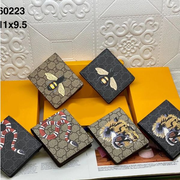 

High quality men animal Short Wallet Leather black snake Tiger bee Wallets Women Long Style Purse Wallet card Holders with Cards gift box, #2 black grid