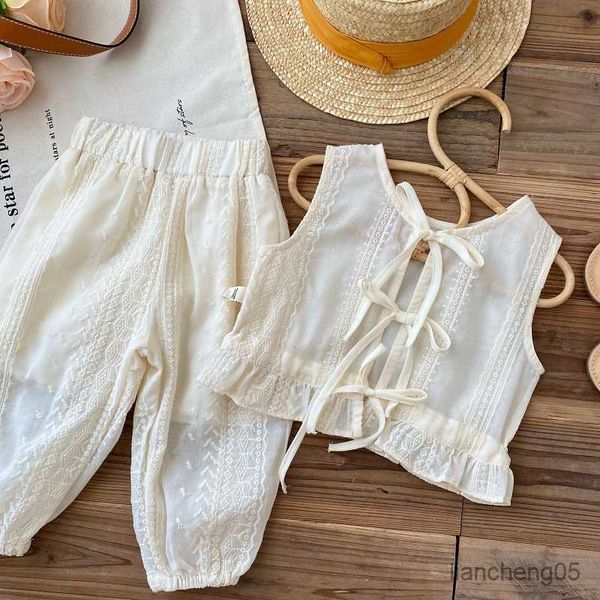clothing sets girls summer clothing sets casual sleeveless lace t-shirt+pants 2pcs suit strap cardigan vest clothes outfits r230805, White 
clothing sets girls summer clothing sets casual sleeveless lace t-shirt+pants 2pcs suit strap cardigan vest clothes outfits r230805, White