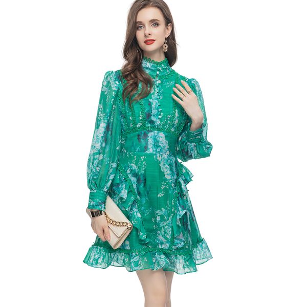 women's runway dresses stand collar long lantern sleeves printed high street fashion short casual vestidos, Black
women's runway dresses stand collar long lantern sleeves printed high street fashion short casual vestidos, Black