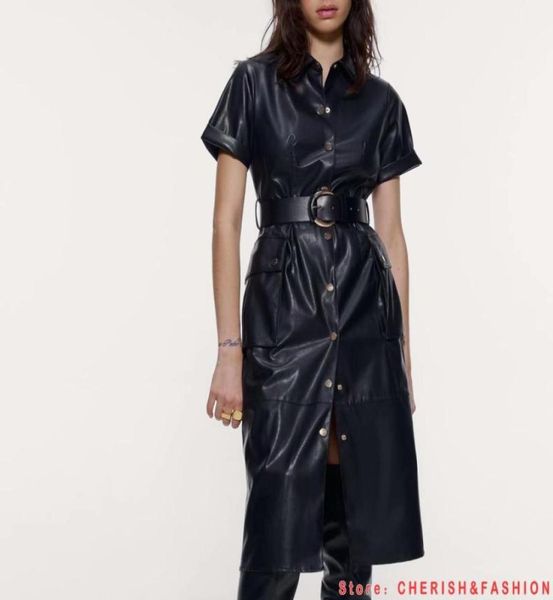 women pu faux leather dress with belt short sleeve retro elegant ladies brown mid dress vestido elegant female autumn button6386936, Black;gray
women pu faux leather dress with belt short sleeve retro elegant ladies brown mid dress vestido elegant female autumn button6386936, Black;gray