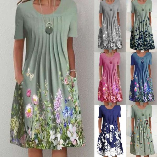 spring and summer floral print round neck pocket mid length dress womens clothing, Black;gray
spring and summer floral print round neck pocket mid length dress womens clothing, Black;gray
