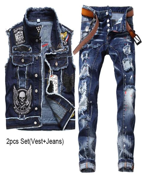2023 new tracksuits blue men 2 pieces sets fashion slim casual embroidery skull denim vest and ragged paint patch stretch jeans co8641753, Gray
2023 new tracksuits blue men 2 pieces sets fashion slim casual embroidery skull denim vest and ragged paint patch stretch jeans co8641753, Gray
