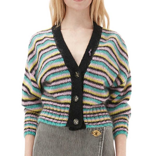 23ss women designer sweater coats gannis classic rainbow contrast stripe knitted cardigan v-neck fashion knitted cardigans, White
23ss women designer sweater coats gannis classic rainbow contrast stripe knitted cardigan v-neck fashion knitted cardigans, White