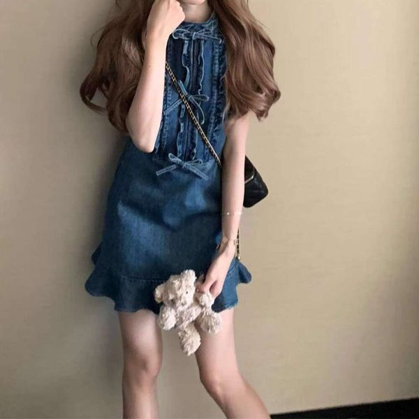 luo man xi qiang pushes skinny miu denim dress sweet bow dark blue for women, Black;gray