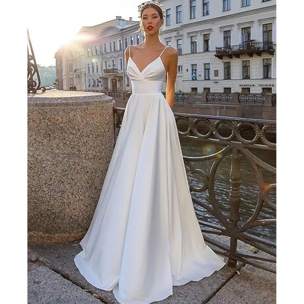 simple spaghetti v-neck wedding dress bridal long a line backless beach bride gown sweep train satin hiffon robe de mariee vestidos, White
simple spaghetti v-neck wedding dress bridal long a line backless beach bride gown sweep train satin hiffon robe de mariee vestidos, White