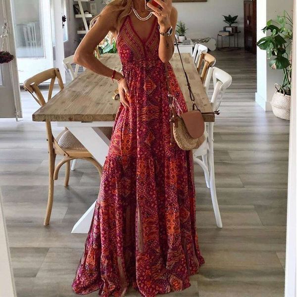 bohemian style suspender long dress high waist v neck printed floral womens clothing, Black;gray
bohemian style suspender long dress high waist v neck printed floral womens clothing, Black;gray