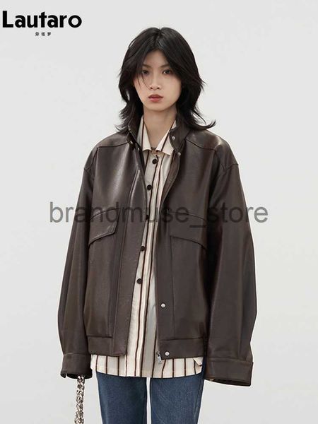 women's jackets lautaro spring retro cool oversized brown black pu leather jacket women with drop shoulder long sleeve zip up clothing, Black;brown
women's jackets lautaro spring retro cool oversized brown black pu leather jacket women with drop shoulder long sleeve zip up clothing, Black;brown