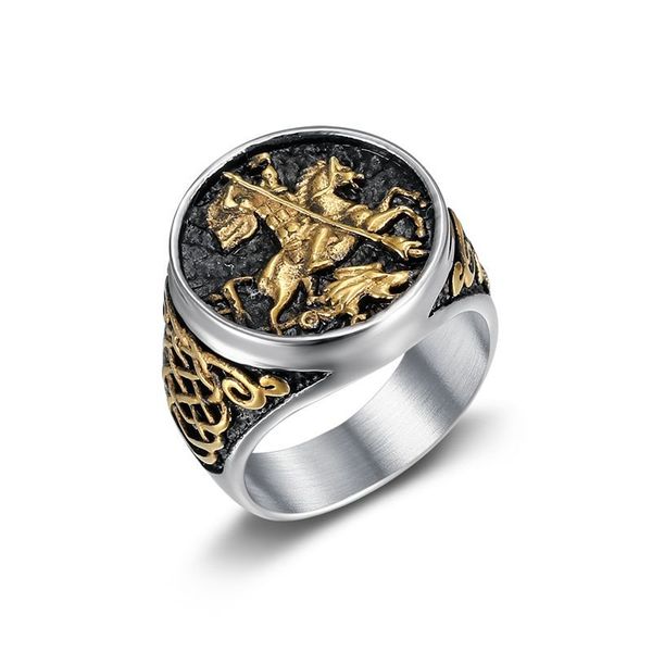 titanium steel vacuum gold plating saint george dragon slayer knight men's ring, Silver
titanium steel vacuum gold plating saint george dragon slayer knight men's ring, Silver