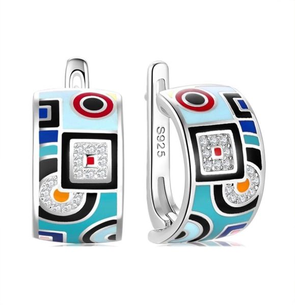ogulee arrival 925 silver stud earrings round shape bluegreen enamel classic pattern cz for women fine jewelry 2106167103535, Golden;silver