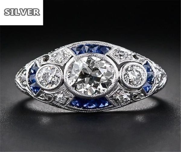 925 anillos silver retro court full cubic zirconia ring for women ladies elegant blue crystal rings banquet sapphire jewelry2488505, Golden;silver