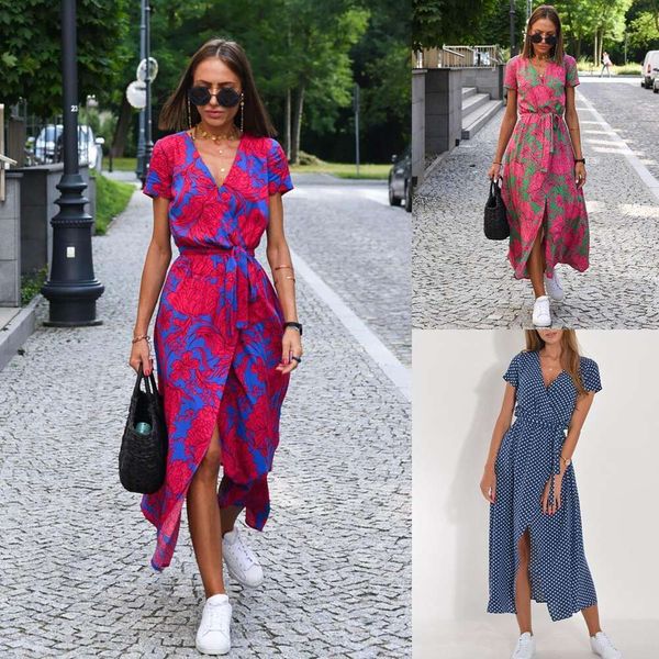 print dress summer v neck split midi long womens wear, Black;gray