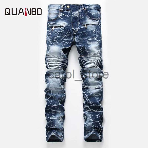 

men's jeans men's slim fit straight moto biker jeans fashion nostalgia retro pleated jeans pants with zipper deco 42 j230806, Blue