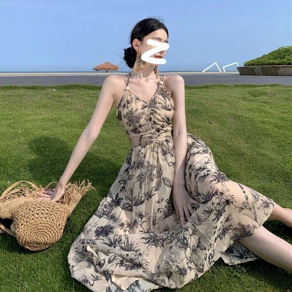 seaside dress for womens summer ink chiffon with small colors print long v neck suspender, Black;gray
seaside dress for womens summer ink chiffon with small colors print long v neck suspender, Black;gray