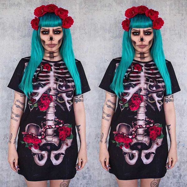 

theme costume woman halloween bloody skeleton print shirts party carnival skull rose scary zombie night club t-shirt horror bride come l230, Black;red