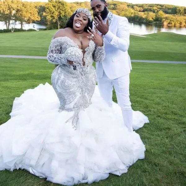 plus size mermaid aso ebi wedding dresses 2023 luxury sparkly crystal lace beaded royal train long sleeve black girl bridal gown, White
plus size mermaid aso ebi wedding dresses 2023 luxury sparkly crystal lace beaded royal train long sleeve black girl bridal gown, White