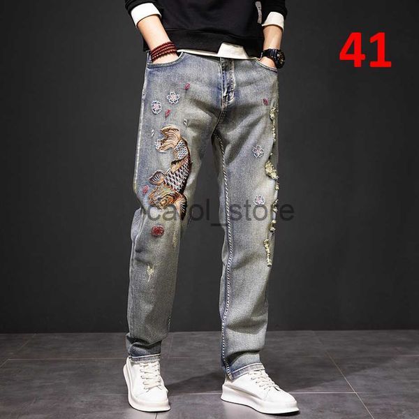 men's jeans carp embroidered jeans men streetwear denim pants fashion ripped jeans pants plus size 40 41 trousers male bottoms j230806, Blue
men's jeans carp embroidered jeans men streetwear denim pants fashion ripped jeans pants plus size 40 41 trousers male bottoms j230806, Blue