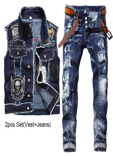 2023 new tracksuits blue men 2 pieces sets fashion slim casual embroidery skull denim vest and ragged paint patch stretch jeans co4860643, Gray
2023 new tracksuits blue men 2 pieces sets fashion slim casual embroidery skull denim vest and ragged paint patch stretch jeans co4860643, Gray