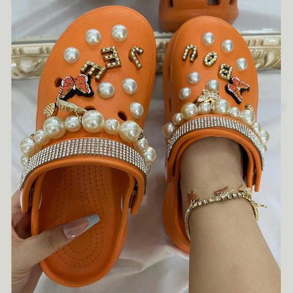 sandals fashion high-heeled bright drilling slippers women toe-covered sandals summer thick-soled beach shoes ladies clogs slides 230417, Black
