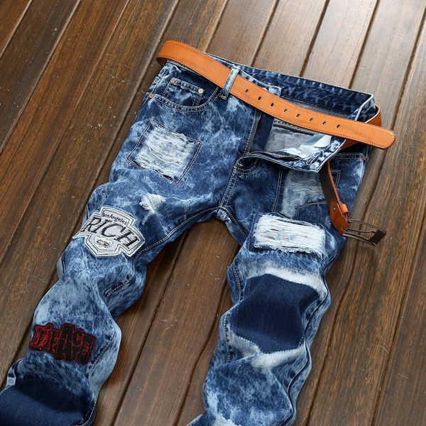 badge jeans men straight leg europe and the united states foreign trade men's jeans ripped patch cloth snow pants designer jeans mens d, Blue
badge jeans men straight leg europe and the united states foreign trade men's jeans ripped patch cloth snow pants designer jeans mens d, Blue