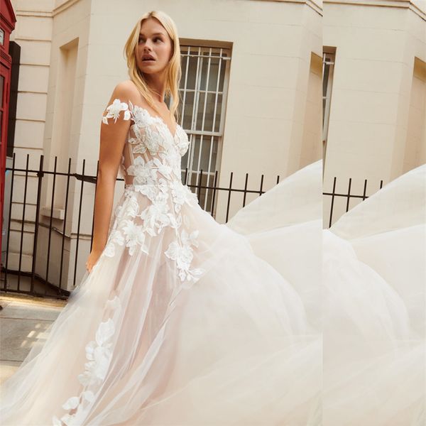 champange 3d flowers appliques tulle wedding dresses off shoulder wedding gown a line dress for bride, White
champange 3d flowers appliques tulle wedding dresses off shoulder wedding gown a line dress for bride, White