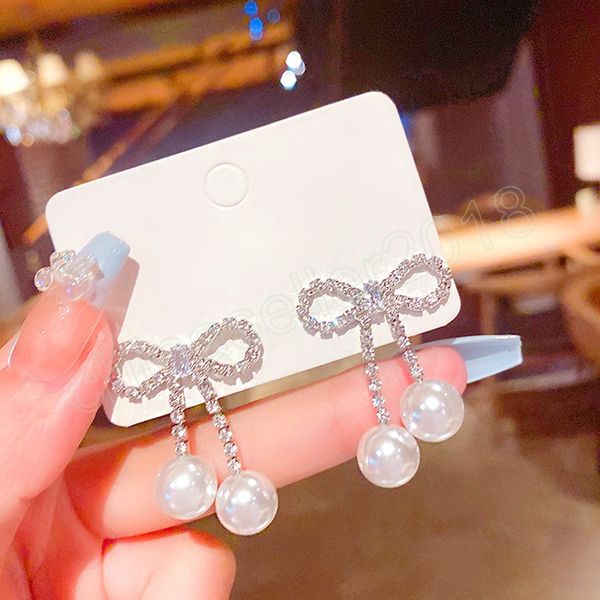 bowknot pearl earrings korean style sweet rhinestone silvery drop earring women fashion elegant luxury charm jewelry gift, Silver
bowknot pearl earrings korean style sweet rhinestone silvery drop earring women fashion elegant luxury charm jewelry gift, Silver