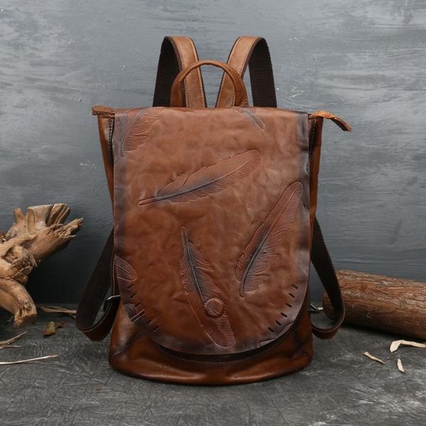 school bag's retro backpack luxury genuine leather bag for women vintage embossed cowhide backpacks leisure feather ladies 230804
school bag's retro backpack luxury genuine leather bag for women vintage embossed cowhide backpacks leisure feather ladies 230804