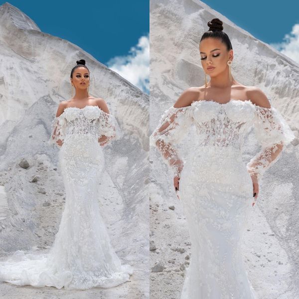 elegant mermaid lace wedding dresses bride gowns flower appliqued off the shoulder modest bride dress, White
elegant mermaid lace wedding dresses bride gowns flower appliqued off the shoulder modest bride dress, White