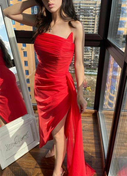 elegant short red chiffon prom dresses with slit robe de soiree sheath strapless zipper back formal party dresses with pleats, Black
elegant short red chiffon prom dresses with slit robe de soiree sheath strapless zipper back formal party dresses with pleats, Black