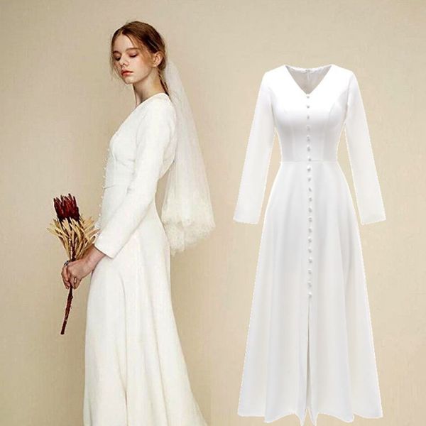 elegant a-line ankle length wedding dress v-neck long sleeves buttons silt satin bride party gowns robe de mariee custom made vestido de noi, White
elegant a-line ankle length wedding dress v-neck long sleeves buttons silt satin bride party gowns robe de mariee custom made vestido de noi, White