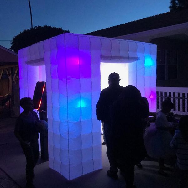 Image of wholesale Attractive black led inflatable photo booth with double doors portable photobooth enclosure white cube tent for sale 2.4x2.4m