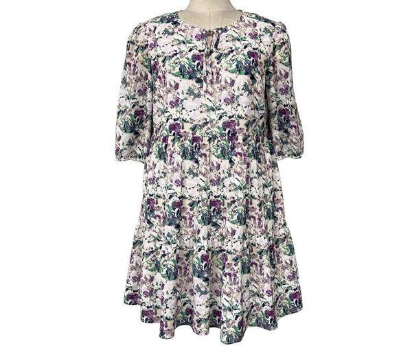 round neck and neckline dress with purple green floral midsleeve midlength1808906, Black;gray 
round neck and neckline dress with purple green floral midsleeve midlength1808906, Black;gray