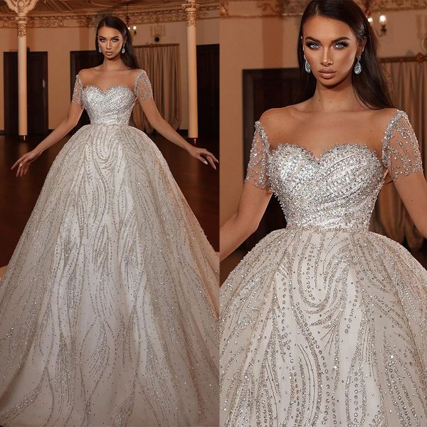 luxurious sweetheart a line wedding dresses short sleeve beads bridal dresses sweep floor vestidos de novia custom made, White
luxurious sweetheart a line wedding dresses short sleeve beads bridal dresses sweep floor vestidos de novia custom made, White
