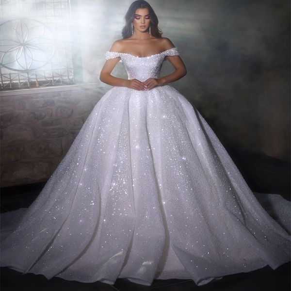 luxury shiny lace up ball gown wedding dress 2023 beading sequined off the shoulder sleeveless a-line princess bridal gown, White
luxury shiny lace up ball gown wedding dress 2023 beading sequined off the shoulder sleeveless a-line princess bridal gown, White