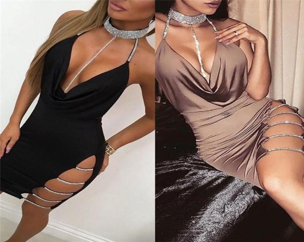 

women halter v neck night club dress female solid sleeveless side slip diamonds chic mini ladies clubwear party casual dresse3005040, Black;gray