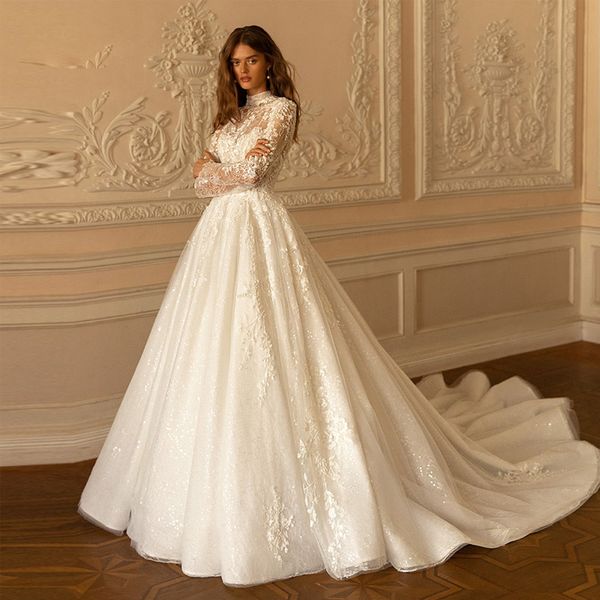3d flower lace high neck wedding dress with flare long sleeve elegant fomal bridal wedding gown train, White
3d flower lace high neck wedding dress with flare long sleeve elegant fomal bridal wedding gown train, White