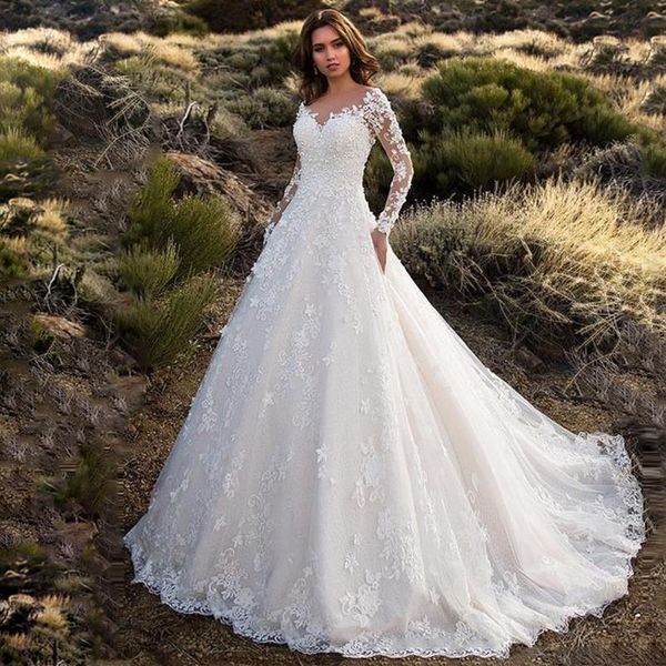 2021 new dubai elegant long sleeves a-line wedding dresses sheer crew neck lace appliques beaded vestios de novia bridal gowns wit267b, White
2021 new dubai elegant long sleeves a-line wedding dresses sheer crew neck lace appliques beaded vestios de novia bridal gowns wit267b, White
